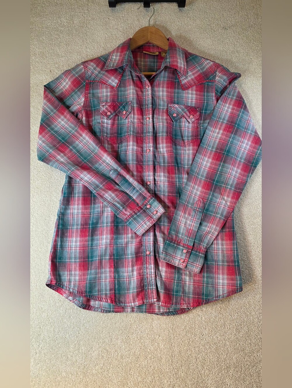 Wrangle Pink/Blue Plaid Long Sleeve Pearl Snap Western Shirt Cowgirl Womens S